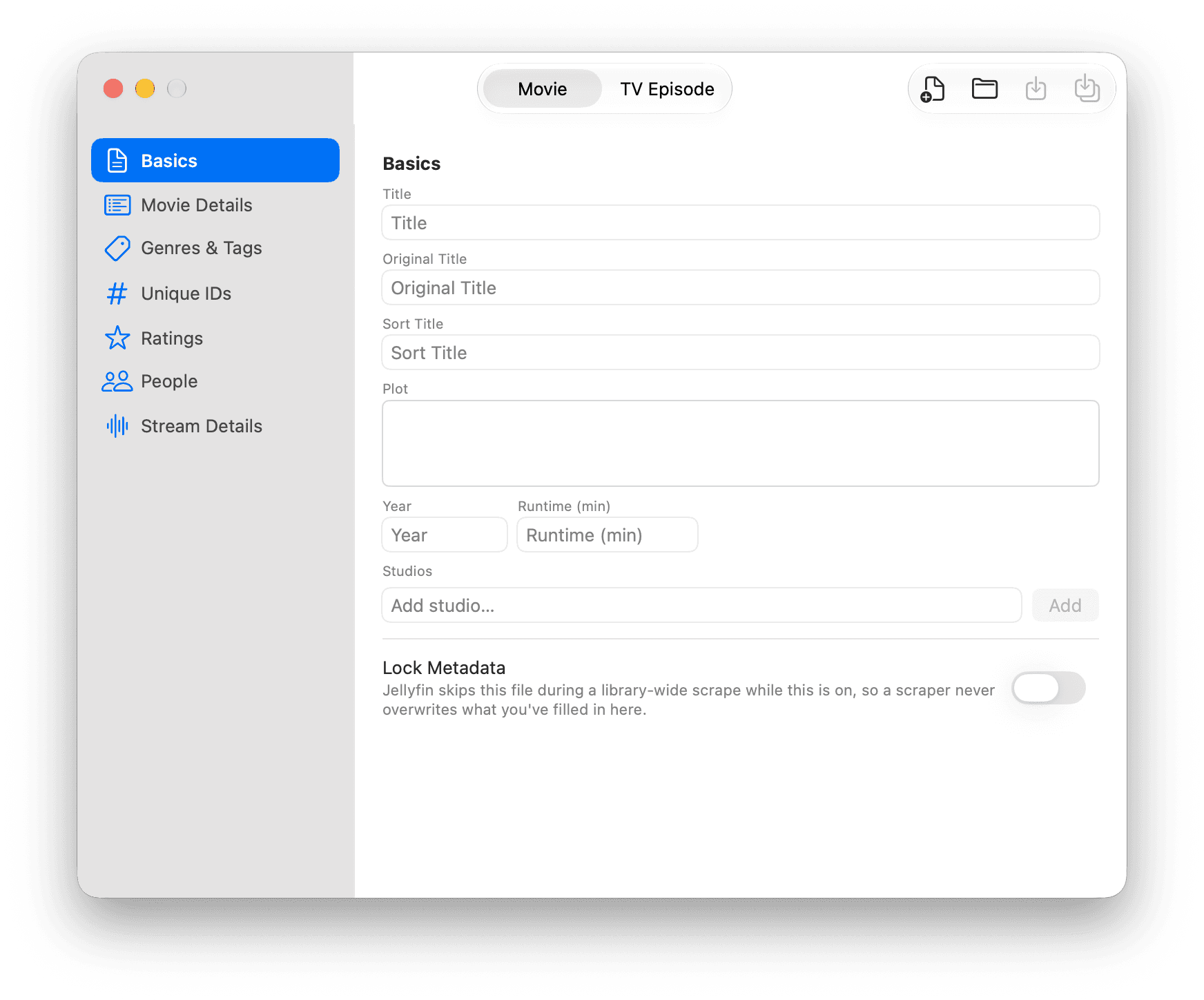 ReelButler's NFO metadata editor, showing basic movie fields like title, plot, year, runtime, and studios